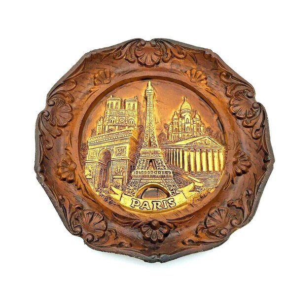 Eiffel Tower Paris  Carved Wooden Wall Plate Made in France Depose 9 in Diameter - Picture 1 of 4